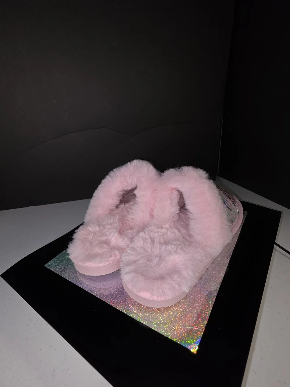 The Children's Place Flip Sequin Faux Fur Slippers Pink Multi Big Girl Sz 5/6